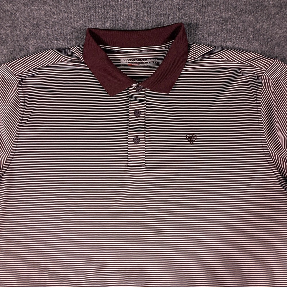 Ariat Heat Series Mens XL Polo Shirt Burgundy White Striped AriatTEK Performance